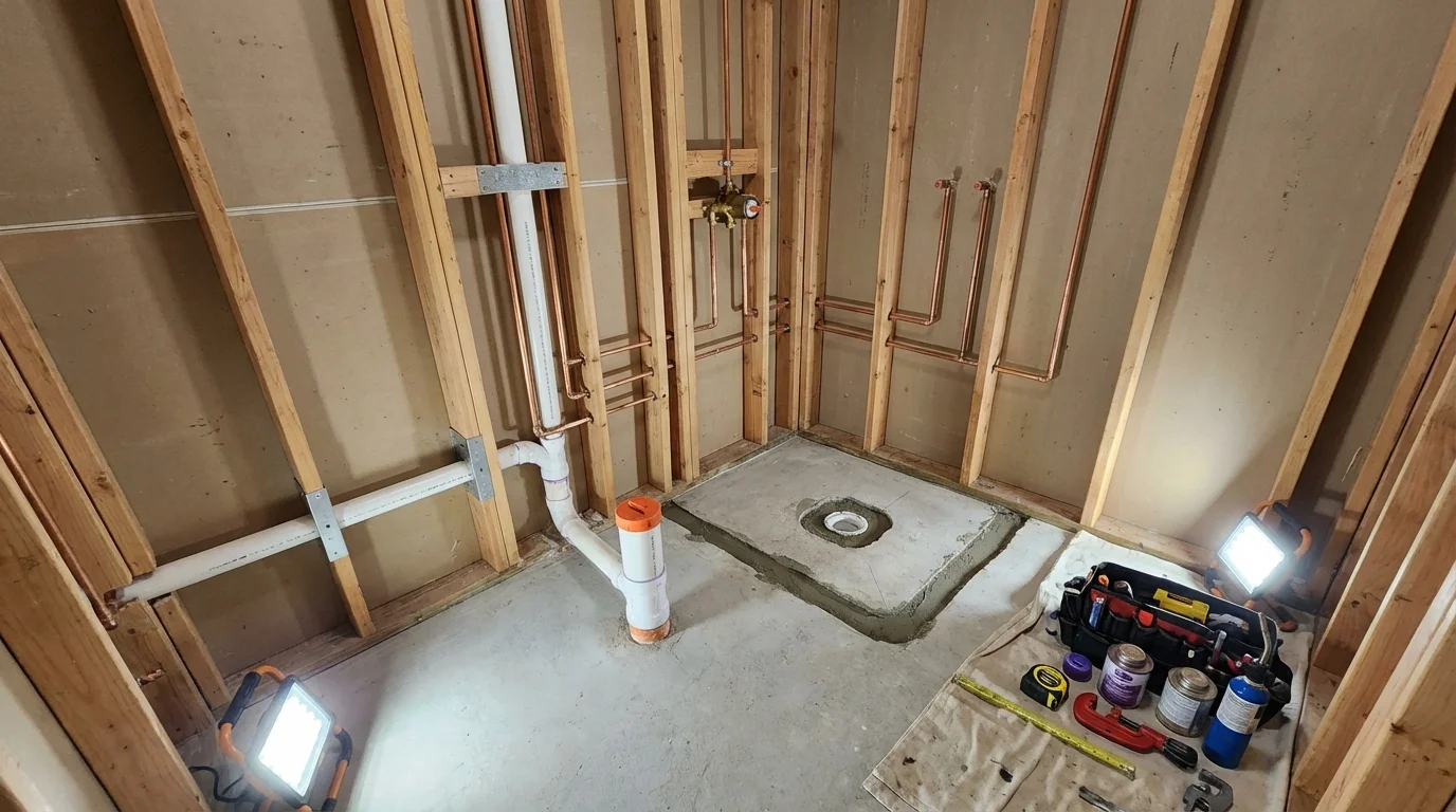 Bathroom rough-in plumbing during remodel by Johns Plumbing LLC in Cold Spring